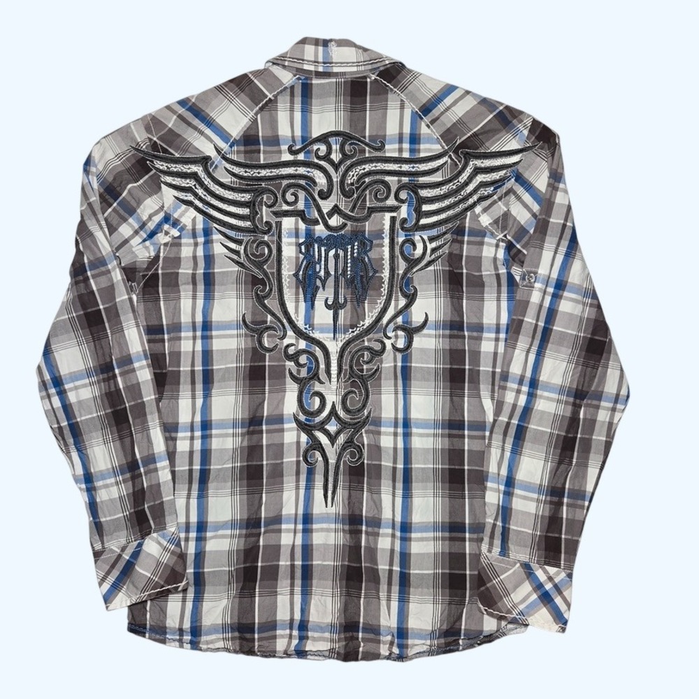 Roar Embroidered Button Down Shirt Grey Blue Plaid Men Large Buckle Graphic Back - Picture 8 of 10